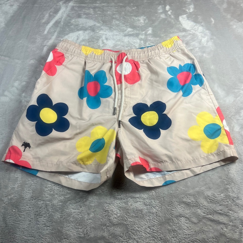 OAS Men's Daisy Large Swim Trunks Beige Floral Print Mesh Lined Board Shorts